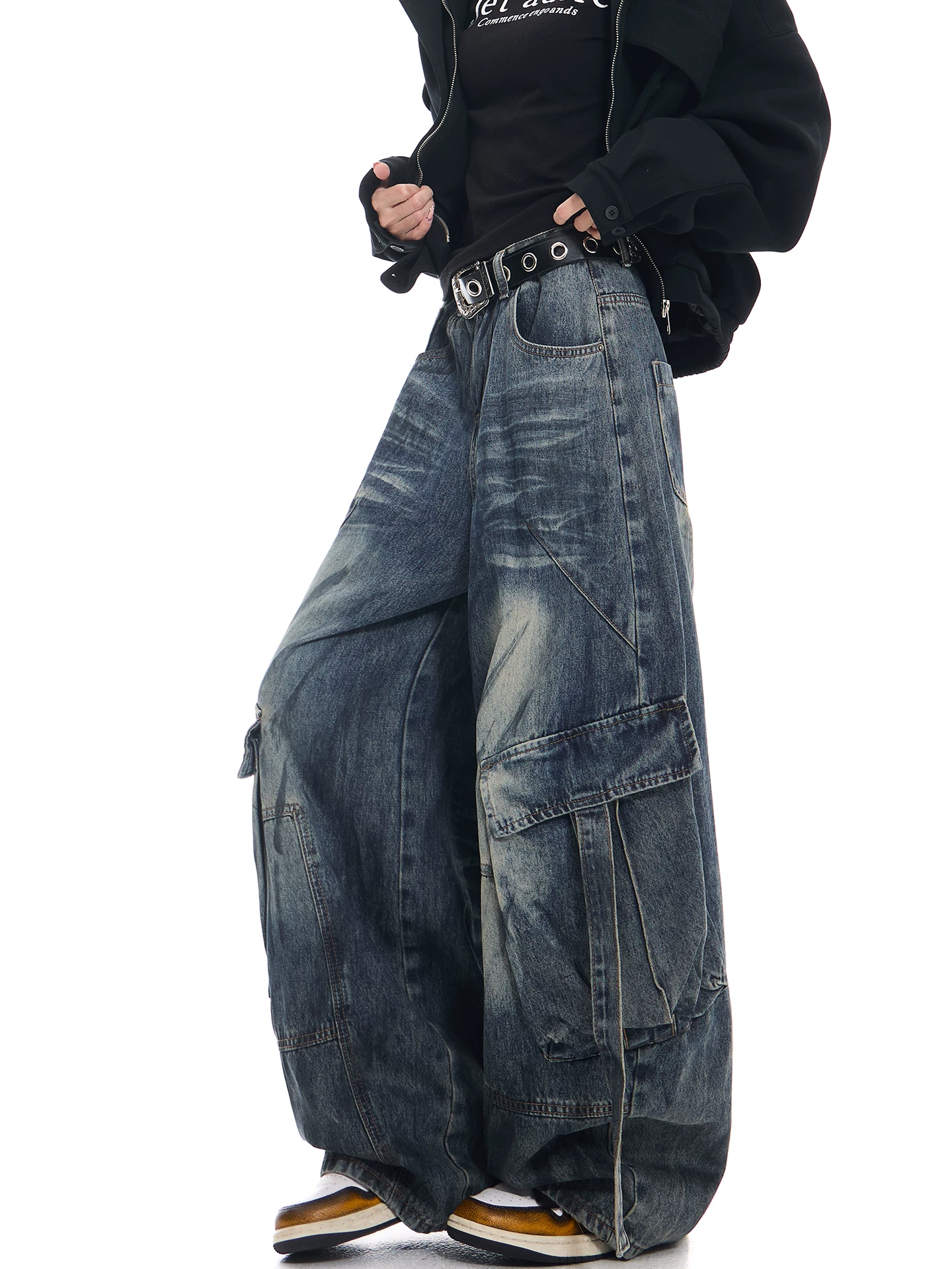 KEN STUDIO Xuân Thu Mới Vintage Quần Jean Workwear Giặt Nước Cứng Cáp Dáng Rộng Quần Suông Dáng Kiếm Cho Nữ