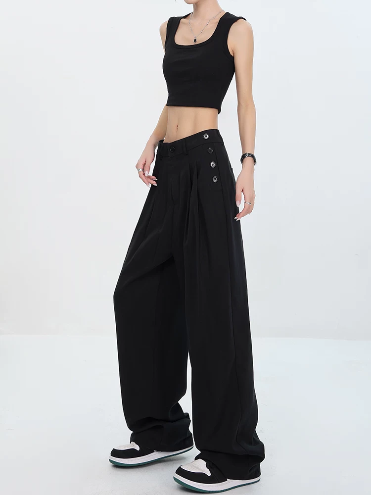 KEN STUDIO nguyên bản mùa hè mới màu đen hai hàng khuy cao cấp mỏng xếp nếp quần ống rộng ống thẳng