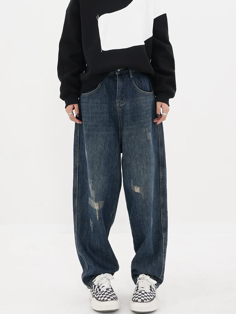 Quần jean harem màu xanh cổ điển của KEN STUDIO dành cho nữ, quần thường ngày dáng ôm dày hình quả cà rốt có lót lông cừu mùa thu đông.