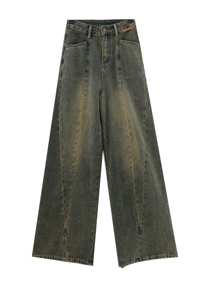 Quần jean cổ điển lót lông cừu mùa thu đông của KEN STUDIO dành cho nữ, quần ống rộng dáng thẳng, rộng rãi, có thiết kế, quần dài đến sàn