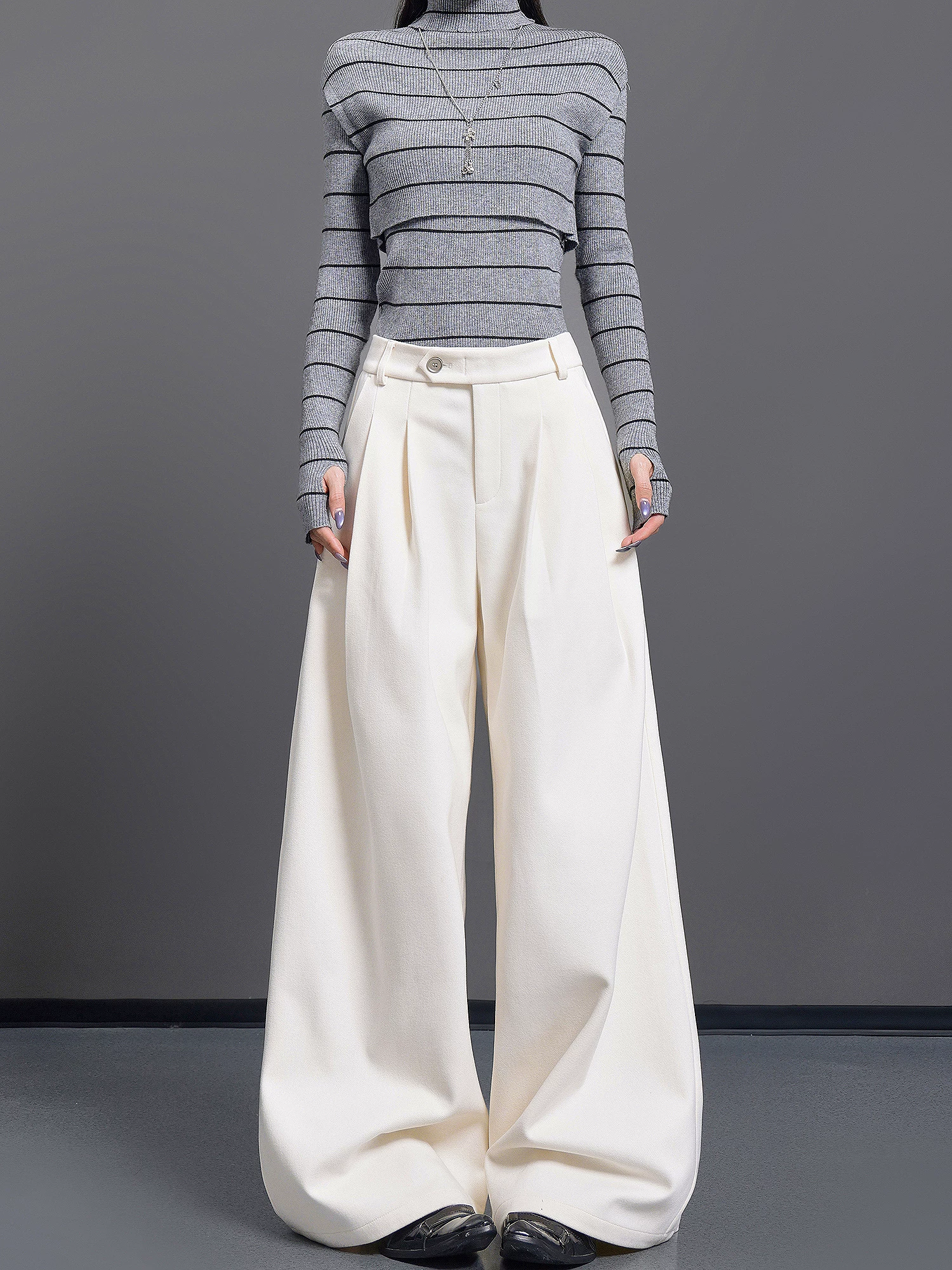 KEN STUDIO Quần tây len dày màu be mới thu đông dành cho nữ, quần ống rộng xếp ly đa năng