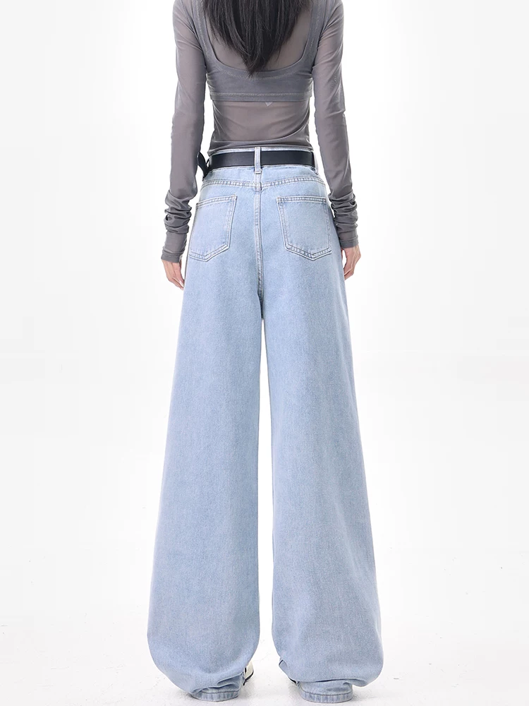 KEN STUDIO quần jean ống rộng màu xanh lam cổ điển dành cho nữ mùa hè và mùa thu quần ống rộng dáng rộng thông thường