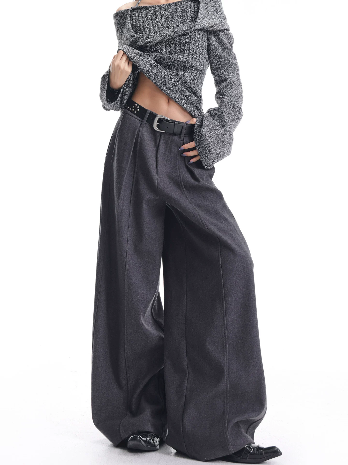 KEN STUDIO Quần vest dày màu xám nhạt mới dành cho nữ mùa thu đông, chất liệu len, dáng rộng, tôn dáng, ống rộng, quần dài đến sàn.