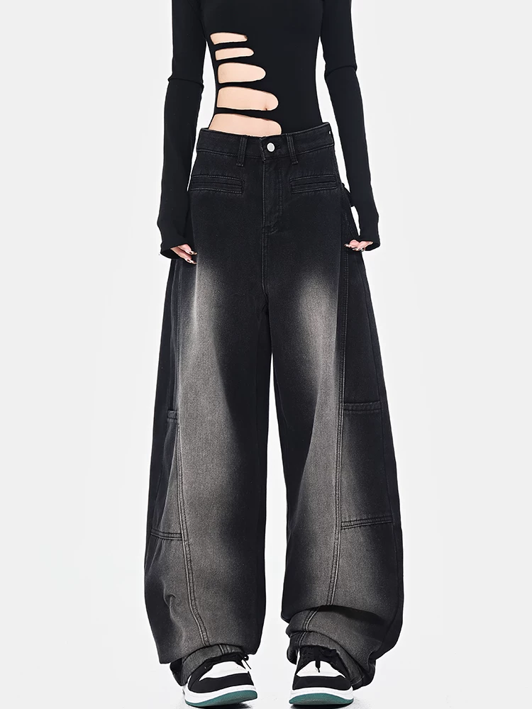 Quần jean kiểu cổ điển KEN STUDIO dành cho nữ, quần ống rộng dáng rộng lót lông cừu mùa thu đông, quần hình liềm, quần dài đến sàn