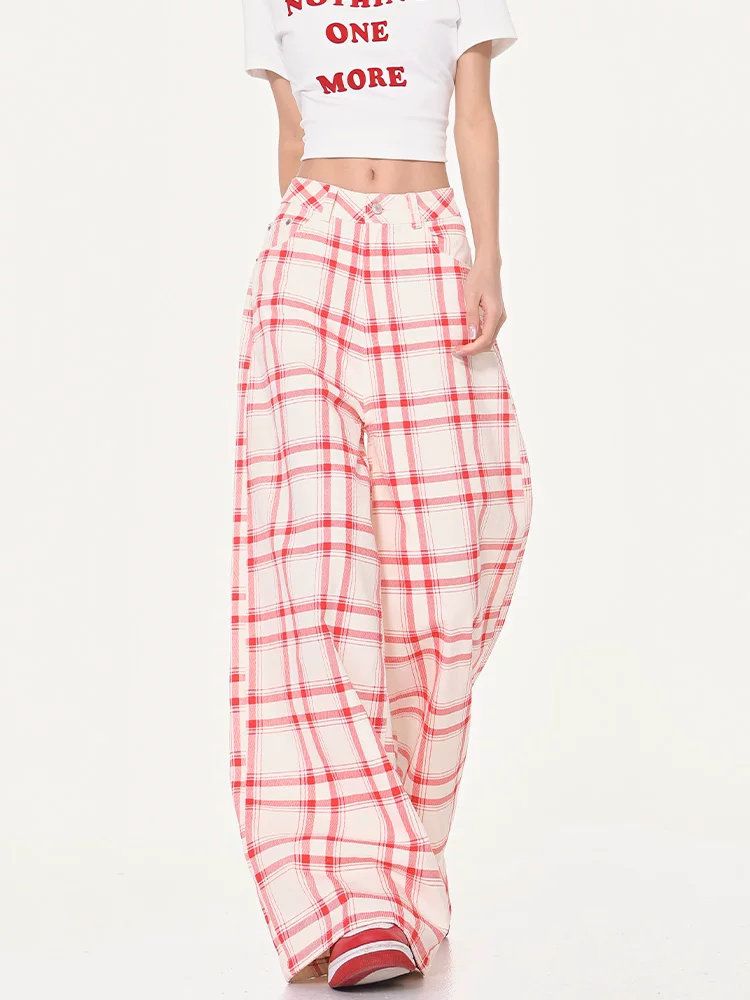 KEN STUDIO mùa hè mới quần ống rộng kẻ sọc đỏ trắng phong cách retro dành cho nữ, quần cạp cao, dáng rộng, dáng suông, quần dài đến sàn