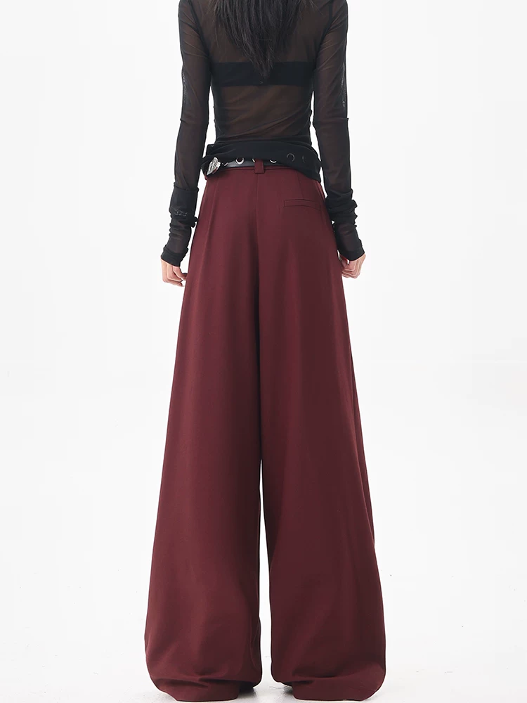 Quần tây ống rộng xếp ly cao cấp màu đỏ tía của KEN STUDIO dành cho nữ, quần âu dáng rộng lưng cao mùa hè mới