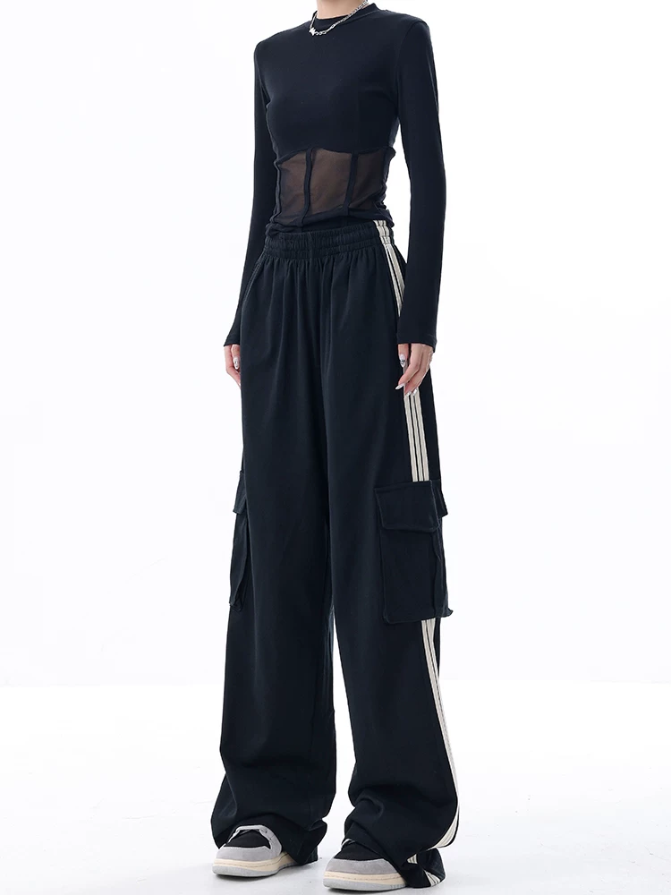 KEN STUDIO Quần cargo thường ngày mới mùa xuân thu dành cho nữ với thiết kế ba sọc, quần dài thể thao độc đáo