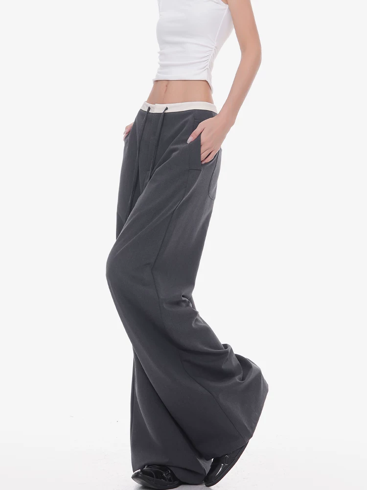 KEN STUDIO phong cách mùa hè mới quần âu ống rộng có dây rút màu xám dành cho nữ với thiết kế phối màu quần ống rộng dáng thẳng