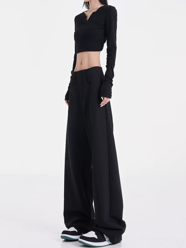 KEN STUDIO nguyên bản mùa xuân và mùa thu mới quần âu ống đứng màu đen đa năng thiết kế dáng rộng giảm béo quần âu