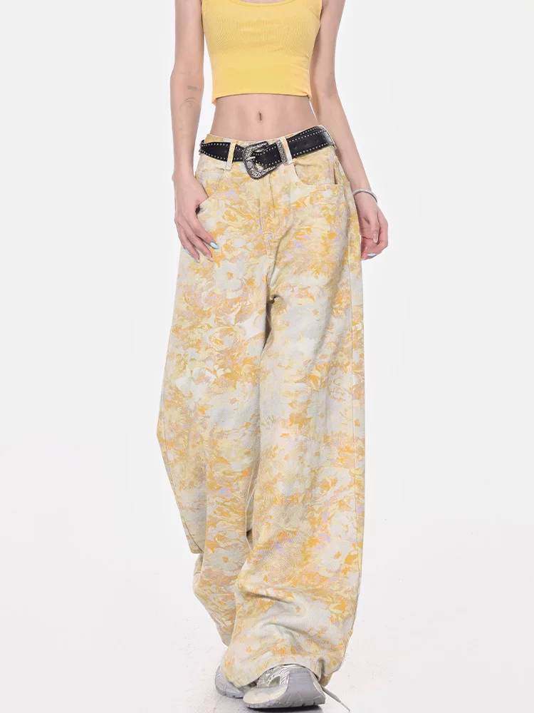 KEN STUDIO mùa hè mới quần jean in họa tiết tie-dye cổ điển dành cho nữ, quần ống rộng dài đến sàn dáng rộng giúp giảm béo