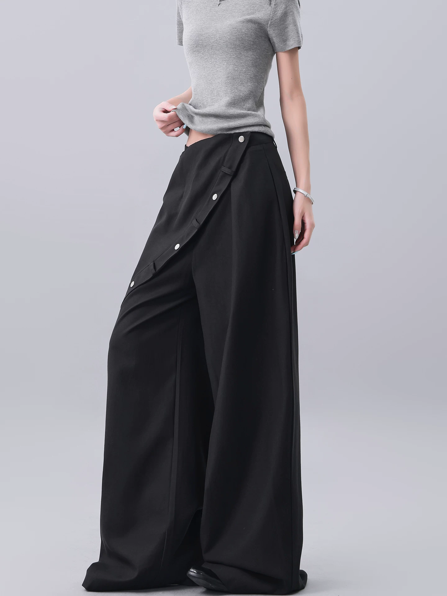 Quần âu ống rộng thiết kế cao cấp của KEN STUDIO dành cho nữ, phong cách mùa hè mới, quần dáng rộng giả hai mảnh dáng rộng
