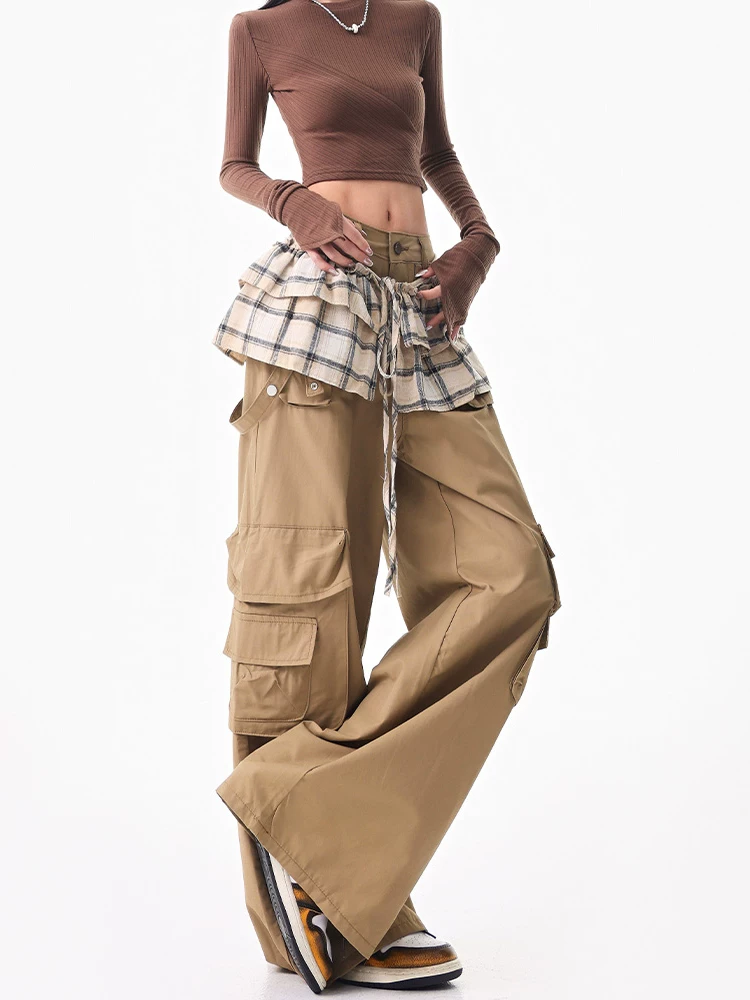 KEN STUDIO Quần ống rộng phong cách Mỹ mùa thu mới dành cho nữ với nhiều túi và thiết kế xếp nếp, quần dài đến sàn