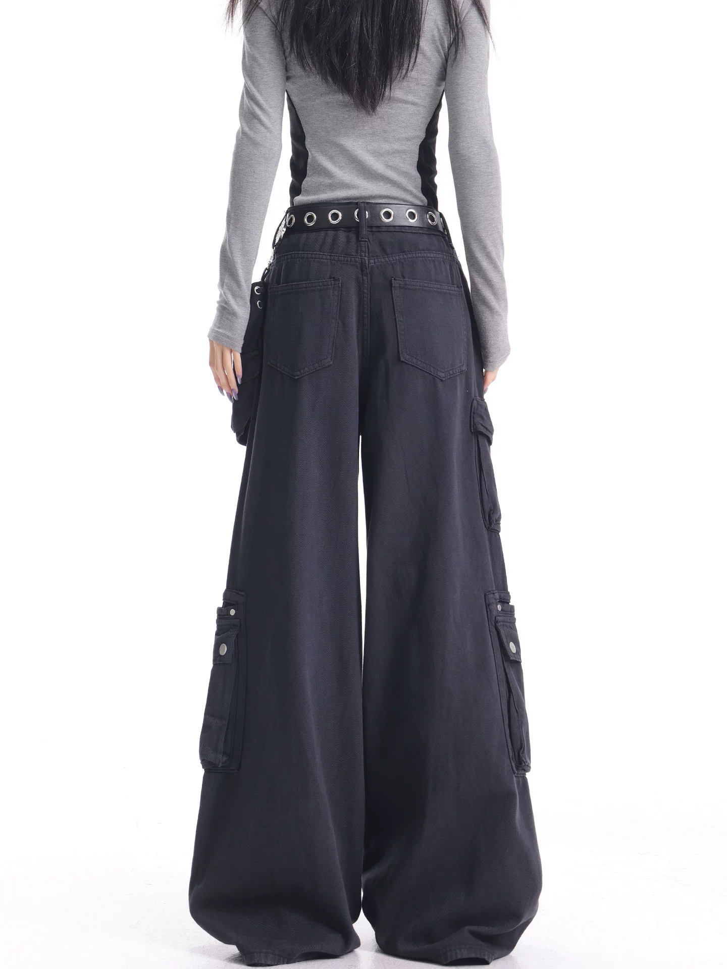 KEN STUDIO Xuân Thu Quần Cargo Đường Phố Cao Cấp Màu Xanh Hải Quân Mới Quần Cargo Nữ Nhiều Túi Quần Ống Rộng Quần Ống Rộng