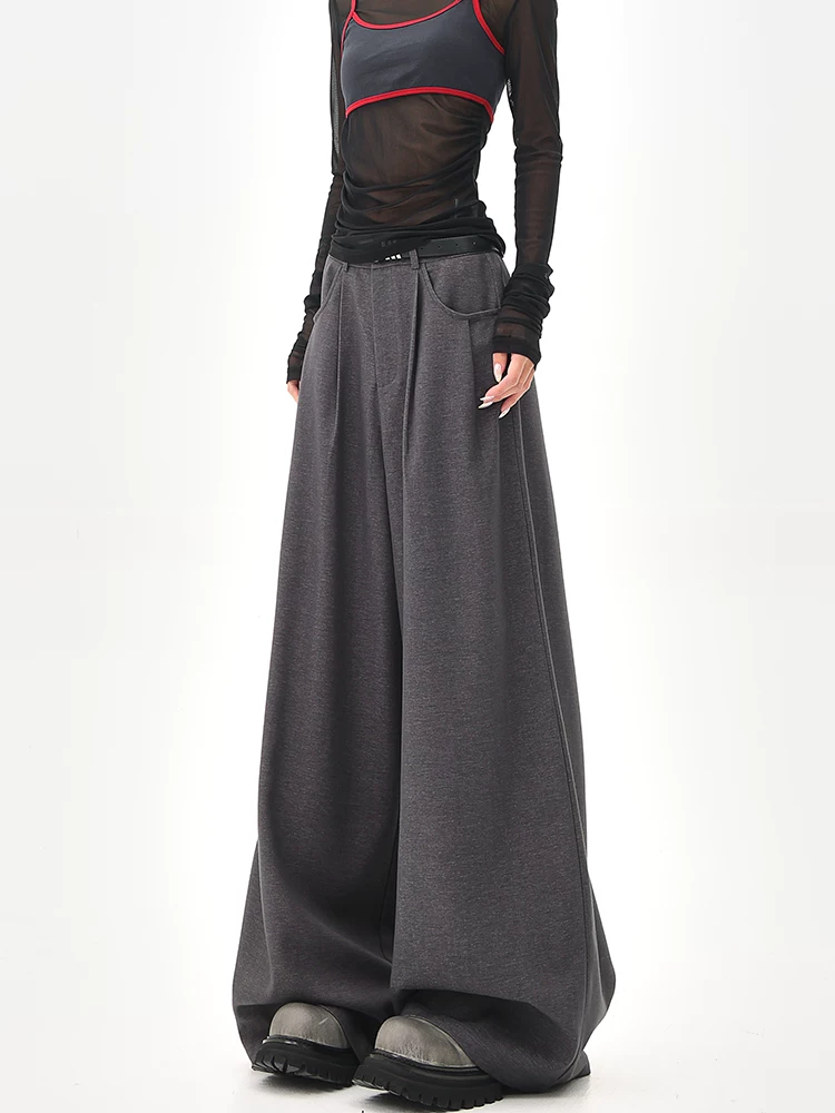 KEN STUDIO Quần tây ống rộng màu xám mùa hè mới dành cho nữ, lưng cao, dáng suôn, rộng rãi, tôn dáng, quần dài chấm đất