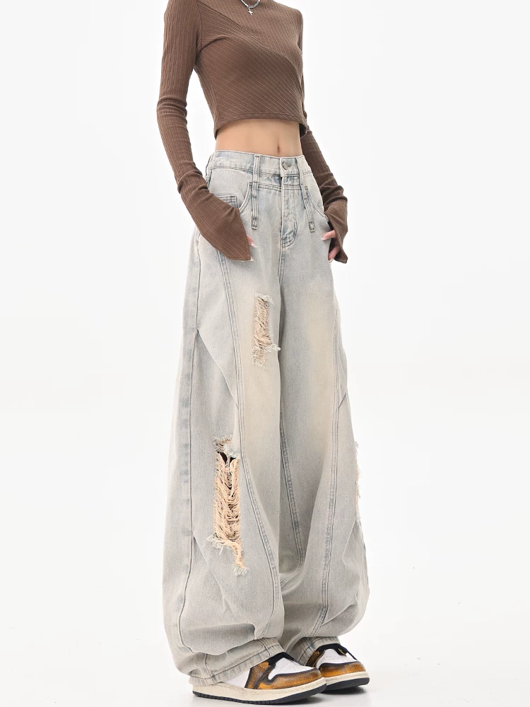KEN STUDIO Quần jean rách kiểu cổ điển của Mỹ dành cho nữ, quần ống rộng lưng cao kiểu mùa hè mới.