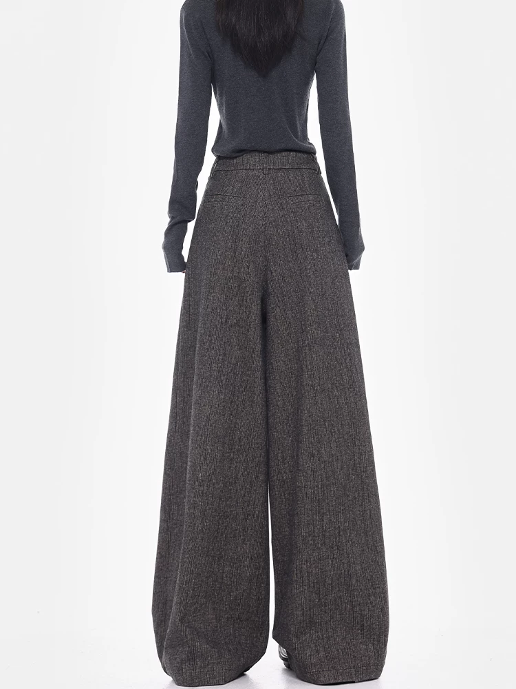 Quần tây ống rộng màu xám dày mùa thu đông của KEN STUDIO dành cho nữ, quần dài dáng rộng ống thẳng đa năng, dáng rộng, dài đến sàn