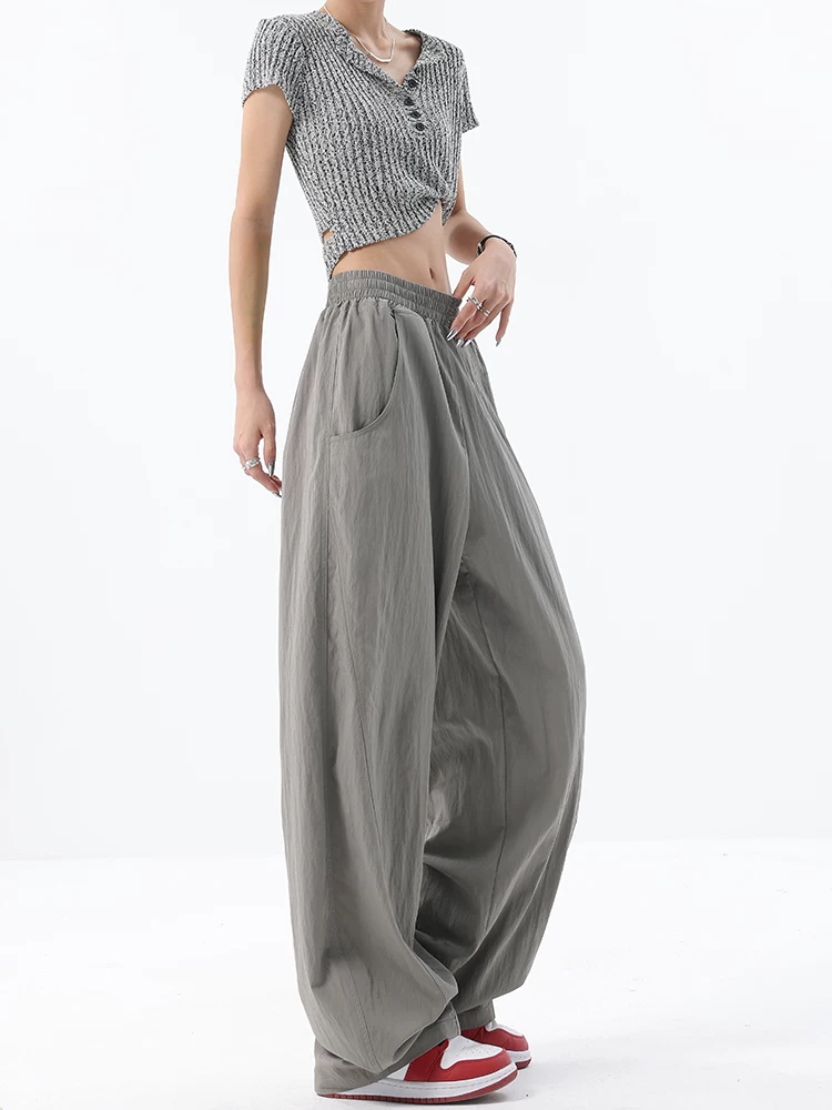 KEN STUDIO thiết kế ban đầu quần ống rộng màu xám băng lụa dành cho nữ mùa hè lưng thun co giãn dáng rộng quần chuối