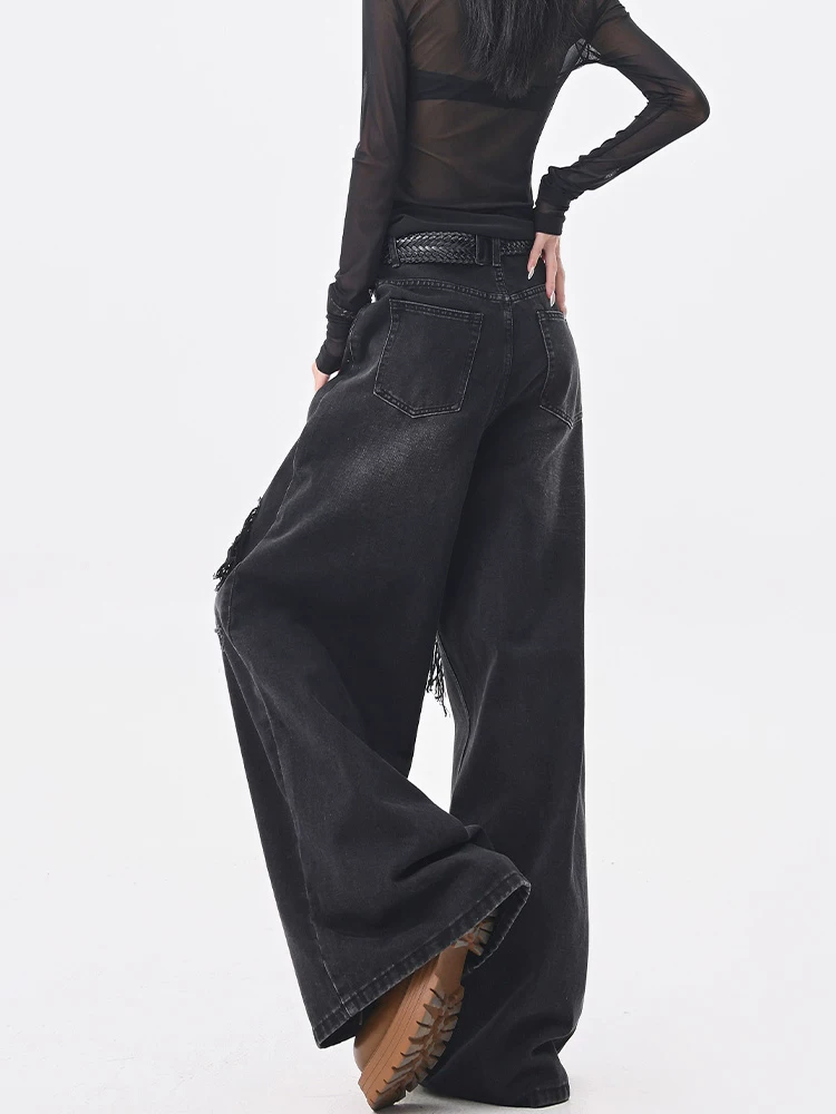 KEN STUDIO Quần jean chắp vá kiểu cổ điển Mỹ dành cho nữ, quần ống rộng dáng rộng mới mùa xuân thu.