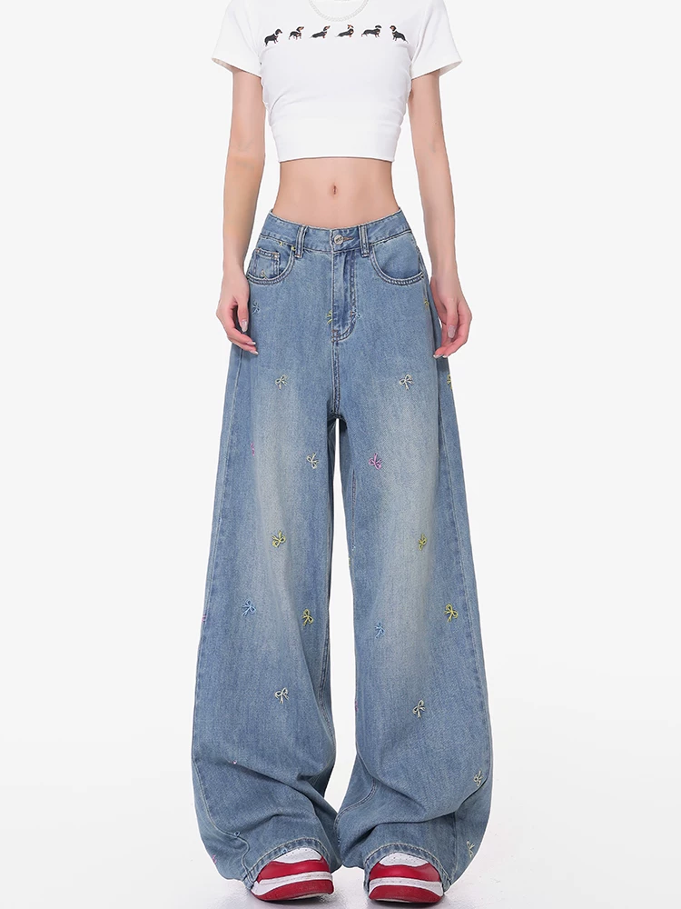 KEN STUDIO quần jean ống rộng thêu nơ phong cách mùa hè mới dành cho nữ, quần cạp cao, dáng rộng, quần thường ngày giúp giảm béo