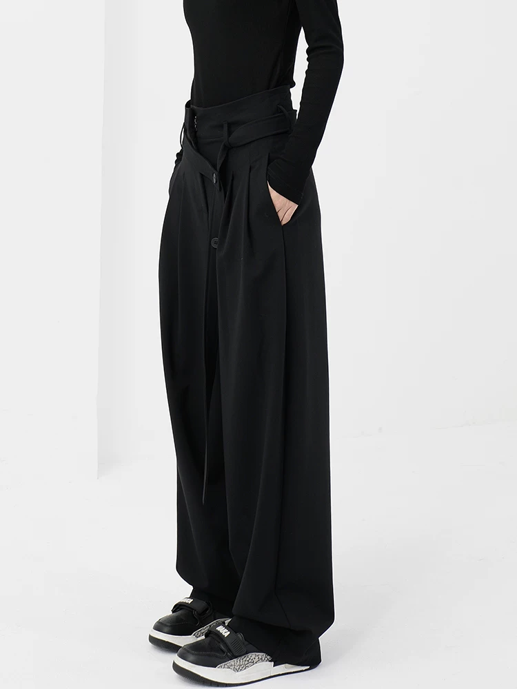 KEN STUDIO Xuân Thu Quần đen cạp cao dáng thẳng có tác dụng làm thon gọn dáng người Quần dài đến sàn Quần tây nữ