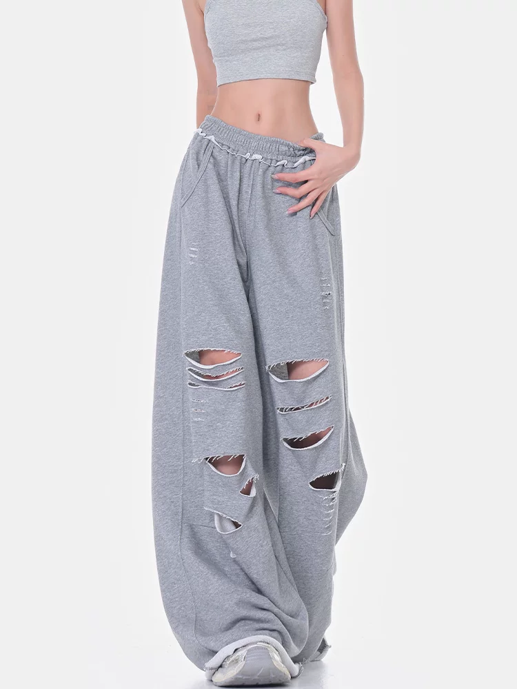 KEN STUDIO mùa hè phong cách mới quần thể thao xẻ tà màu xám quần thể thao dáng rộng lưng cao quần ống rộng cho nữ