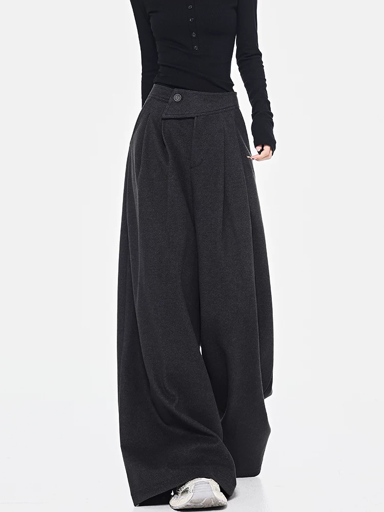 KEN STUDIO Quần dài ống rộng màu xám thu đông mới dành cho nữ, quần dài dáng rộng đa năng lưng cao