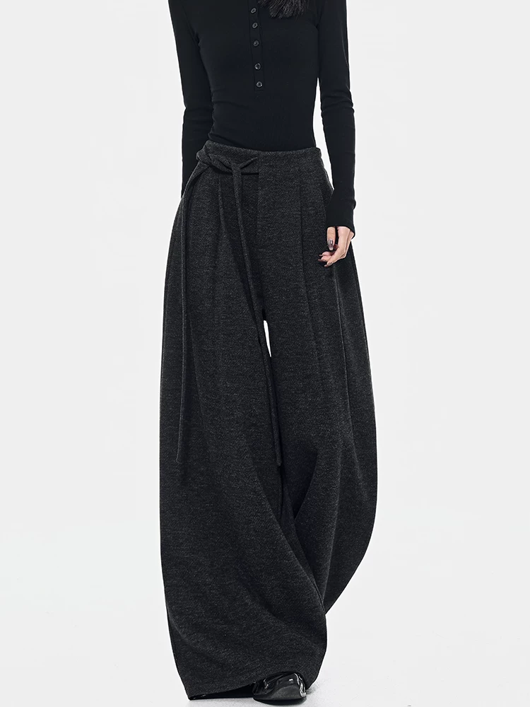 KEN STUDIO quần dài dáng rộng màu xám mùa thu đông mới dành cho nữ với thiết kế lưng cao và quần ống rộng có dây buộc