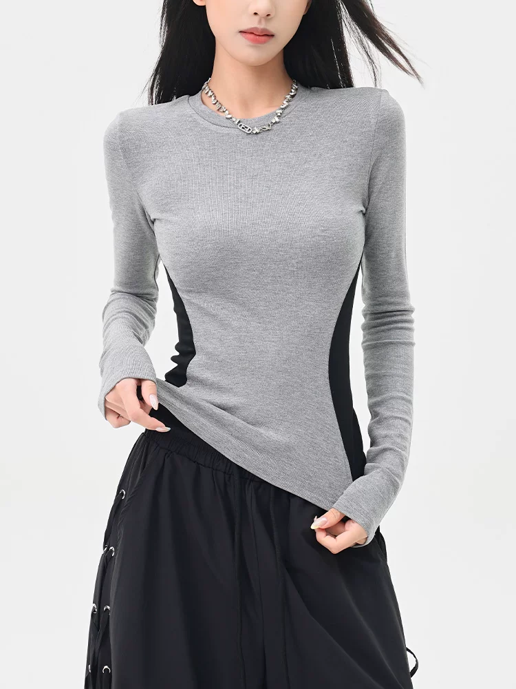 Áo thun dài tay cổ tròn phối màu KEN STUDIO dành cho nữ, áo trong ôm eo ôm sát mùa thu đông