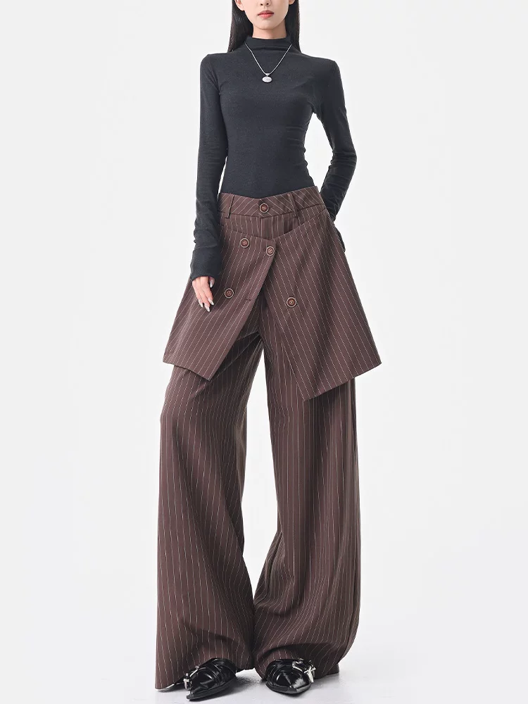 KEN STUDIO Quần dài xếp nếp sọc mùa hè và mùa thu mới dành cho nữ với thiết kế độc đáo quần ống rộng thẳng