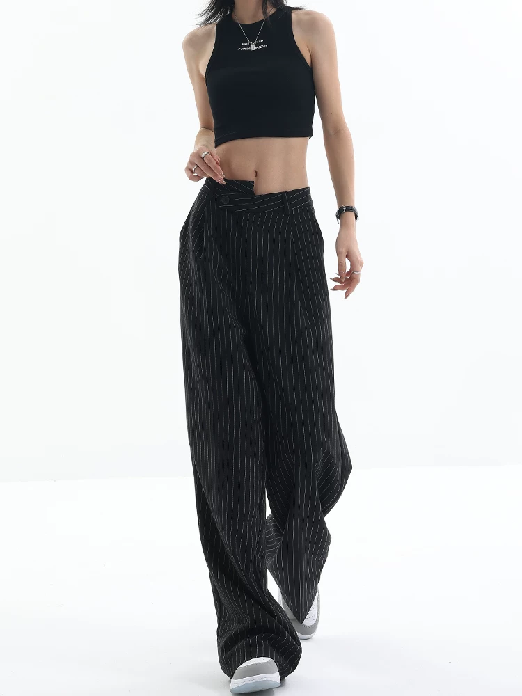 KEN STUDIO Quần dài xếp nếp sọc không đều cho nữ, thiết kế mùa hè mới, quần ống rộng dáng rộng