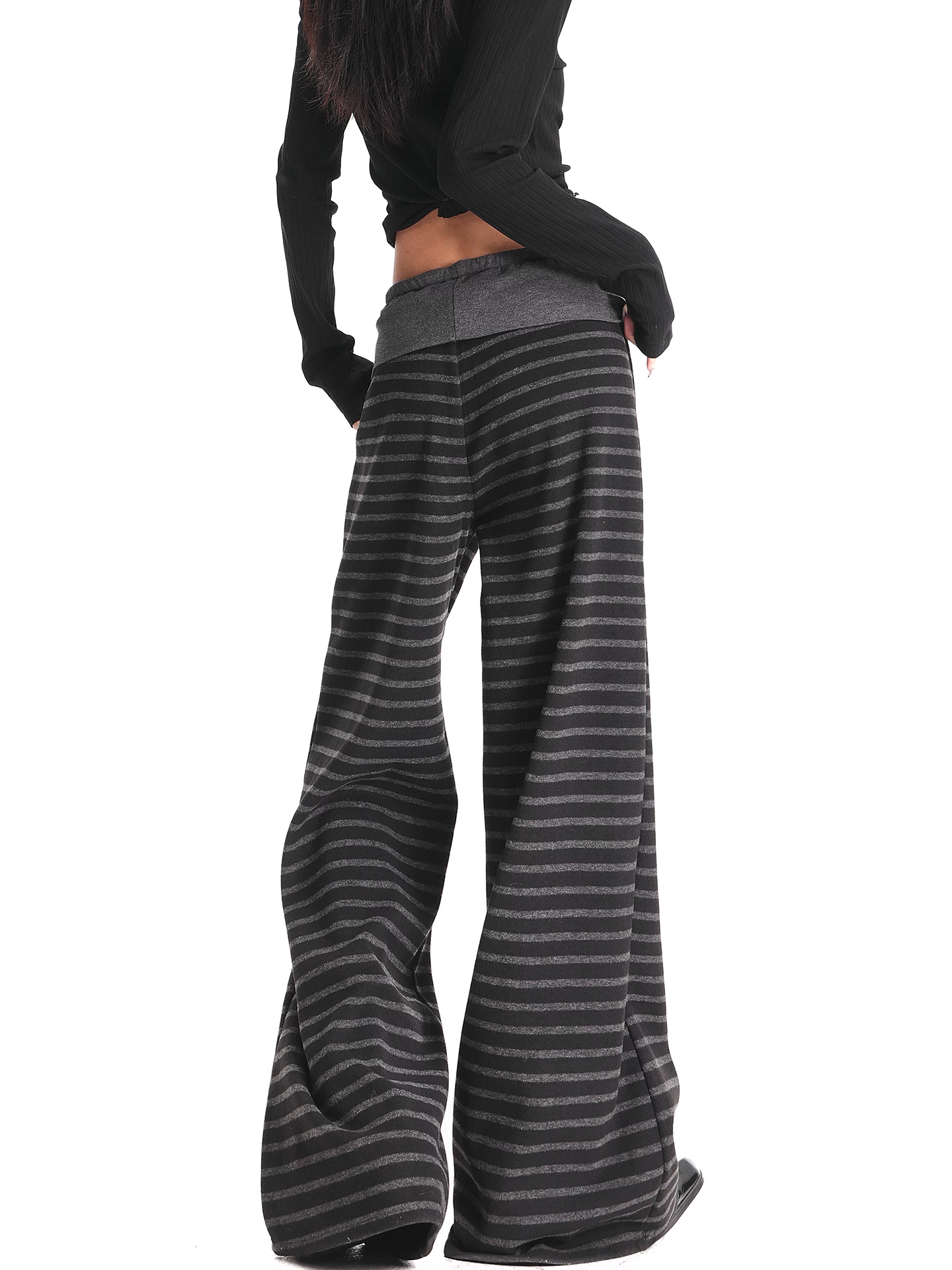 KEN STUDIO quần dài sọc kẻ sọc màu đen lót lông cừu mùa thu đông mới quần ống rộng đa năng quần dài đến sàn