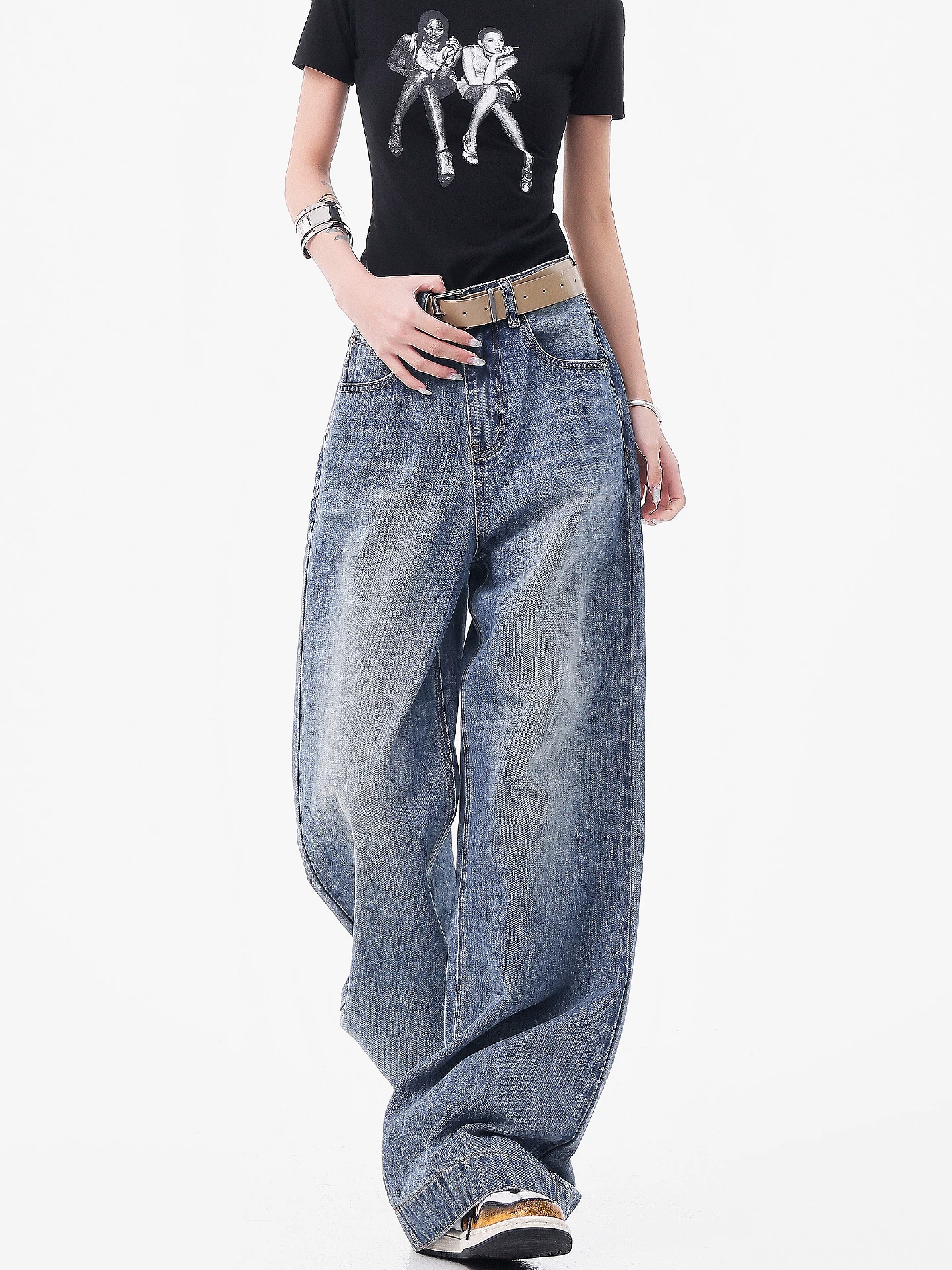 KEN STUDIO Quần jean ống rộng kiểu cổ điển của Mỹ dành cho nữ, quần ống đứng cạp cao mới giúp thon gọn mùa hè.