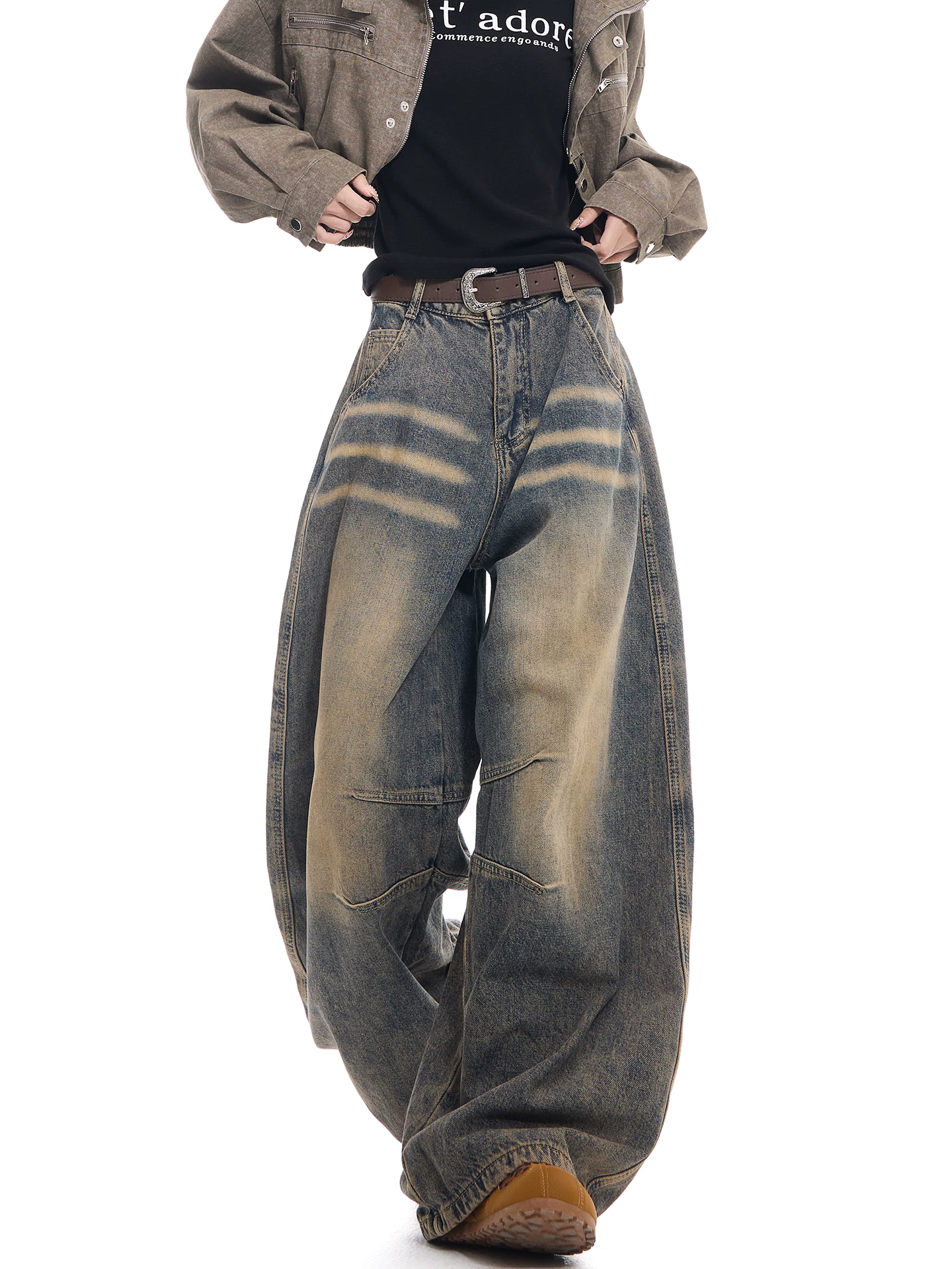 KEN STUDIO Xuân Thu Mới Vintage Giặt Xước Quần Jeans Nữ Cao Cấp Rộng Ống Quần Scimitar