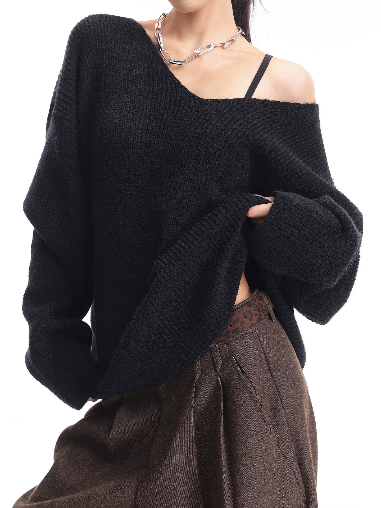 KEN STUDIO Áo dệt kim cổ chữ V màu đen mùa thu đông dành cho nữ, áo dệt kim dáng rộng kiểu dáng lười biếng giúp giảm béo