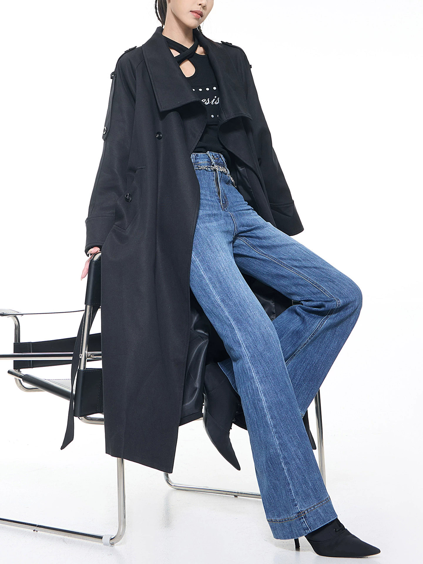 KEN STUDIO mùa thu đông mới phong cách Anh quốc áo khoác dài có ve áo màu đen dành cho nữ áo khoác dáng rộng dài vừa phải