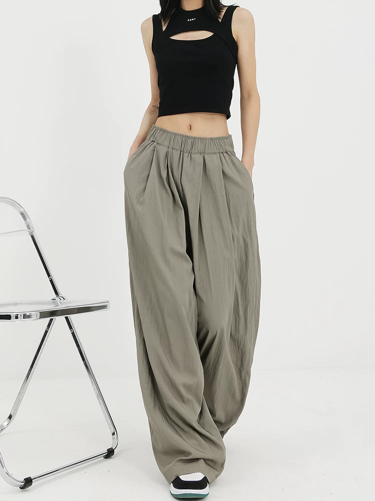 KEN STUDIO quần ống rộng màu xám mới mùa hè dành cho nữ, quần Yamamoto dài xếp ly, dáng rộng, đa năng, dài đến sàn