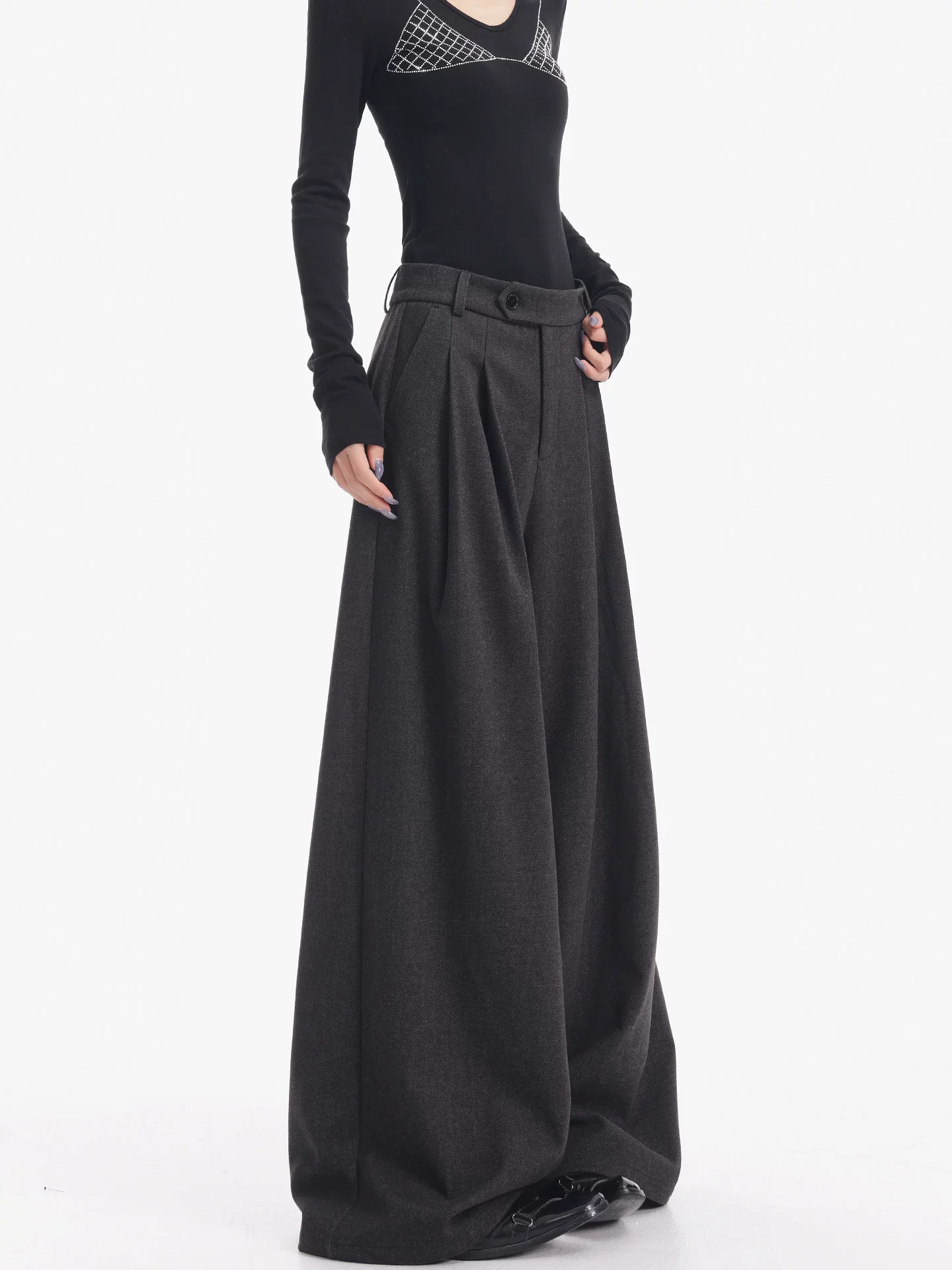 KEN STUDIO Quần tây ống rộng bằng len dày màu xám mới dành cho nữ mùa thu đông, quần dài dáng rộng và tôn dáng