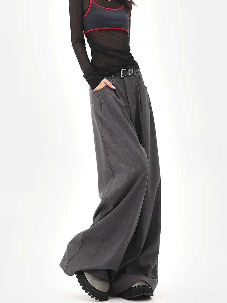 KEN STUDIO Quần tây ống rộng màu xám mùa hè mới dành cho nữ, lưng cao, dáng suôn, rộng rãi, tôn dáng, quần dài chấm đất