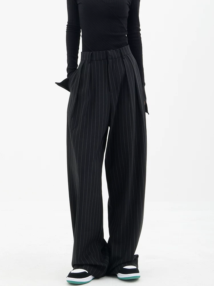 Quần vest sọc KEN STUDIO dành cho nữ, quần vest dáng thẳng lưng cao mùa xuân thu có thiết kế thời trang, quần ống rộng