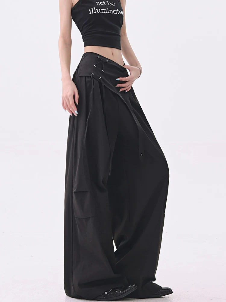 KEN STUDIO quần âu thiết kế dây ruy băng màu đen dành cho nữ, quần ống rộng lưng cao đa năng mùa hè