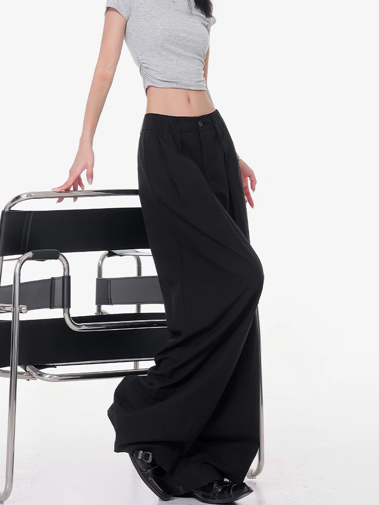 KEN STUDIO mùa hè mới quần âu màu đen giản dị dành cho nữ với thiết kế xếp ly quần âu ống rộng thẳng