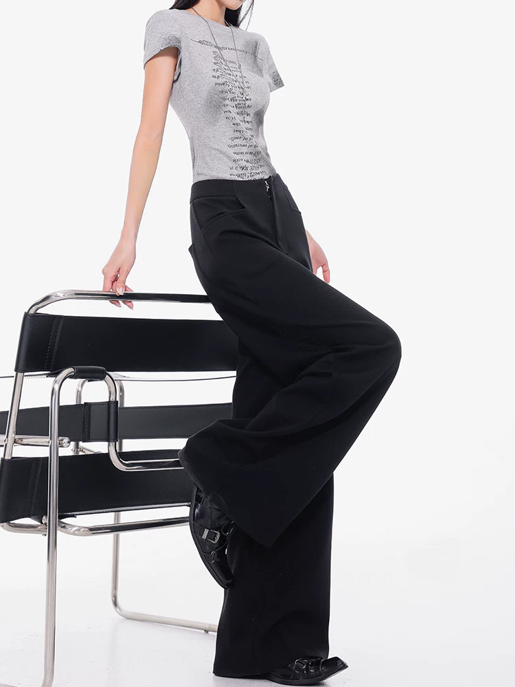 KEN STUDIO Xuân Thu Mới Quần thể thao màu đen Quần thể thao nữ dáng rộng Quần thường ngày lưng cao Quần dài thẳng đến sàn