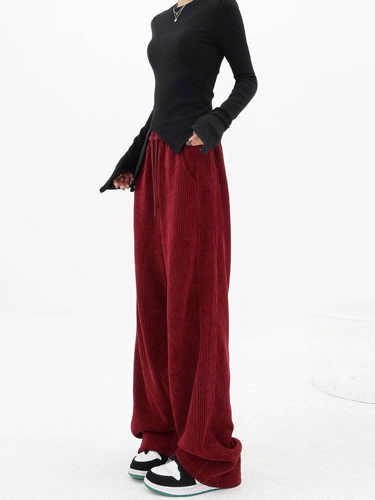 Quần dài ống rộng bằng vải nhung KEN STUDIO dành cho nữ, quần thể thao dáng rộng có dây rút dáng rộng mùa thu đông.