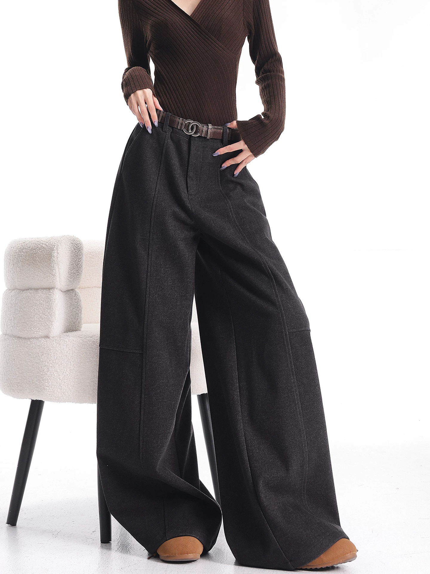 KEN STUDIO Quần âu ống rộng bằng len màu xám thu đông mới dành cho nữ, dáng rộng và đa năng, quần dài dày, quần dài