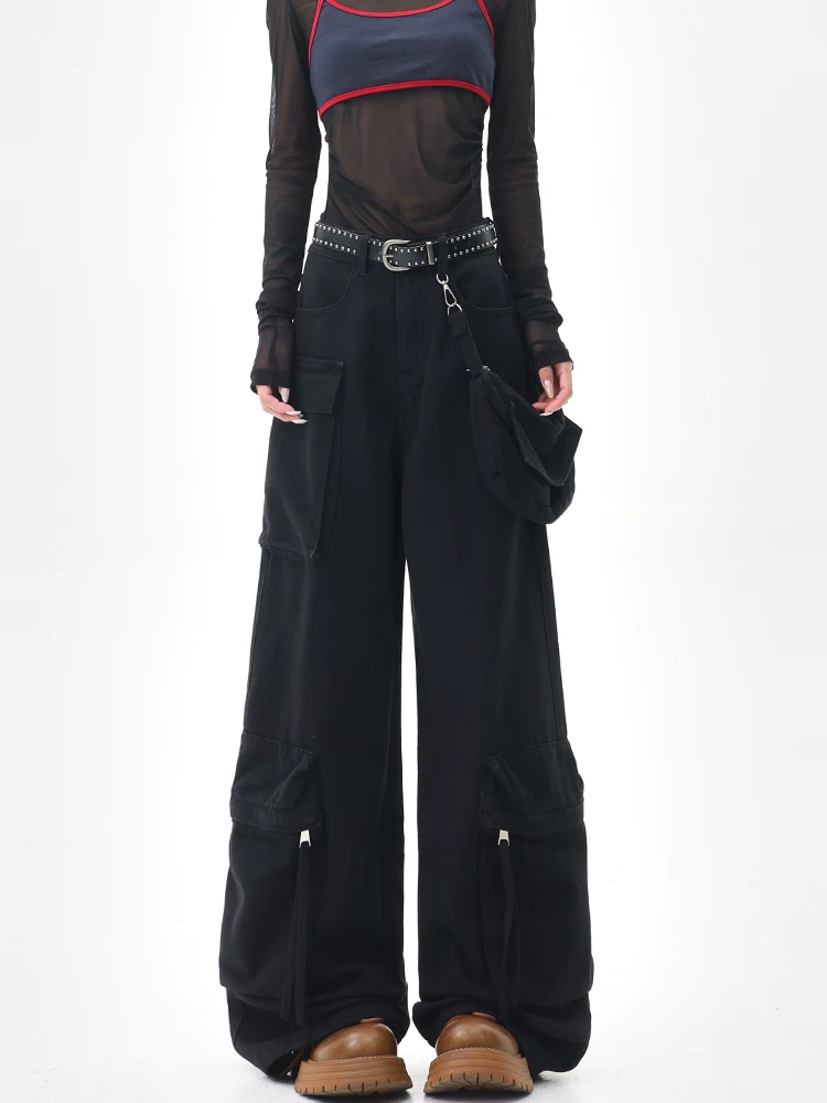 KEN STUDIO Quần jean công sở màu đen phong cách Mỹ dành cho nữ, quần ống rộng thẳng nhiều túi mùa hè mới