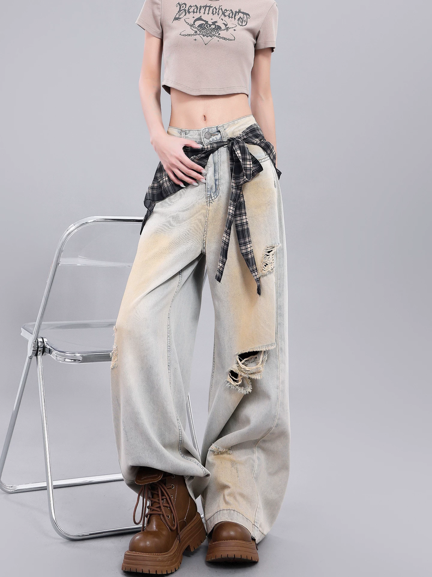 KEN STUDIO Quần jean rách phong cách retro đường phố cao cấp của Mỹ dành cho nữ, quần ống rộng kẻ sọc mùa hè mới