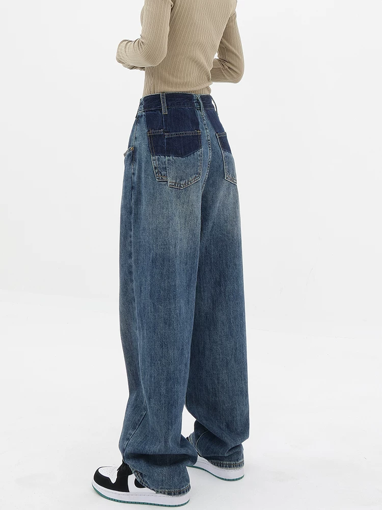 Quần jean ống đứng lưng cao màu xanh cổ điển của KEN STUDIO dành cho nữ, quần dài dáng rộng có lót lông cừu mùa thu đông, quần dáng rộng thời trang