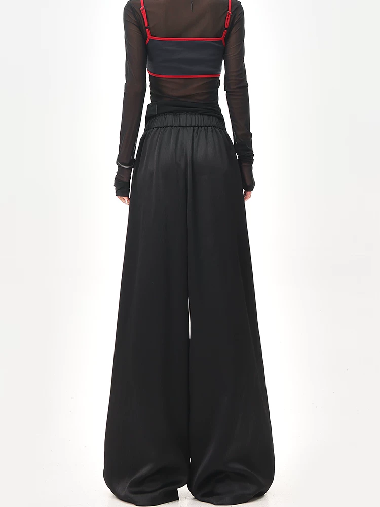 KEN STUDIO mùa hè mới quần âu ống rộng xếp ly màu đen dành cho nữ, quần cạp cao, dáng suôn, quần rộng và tôn dáng