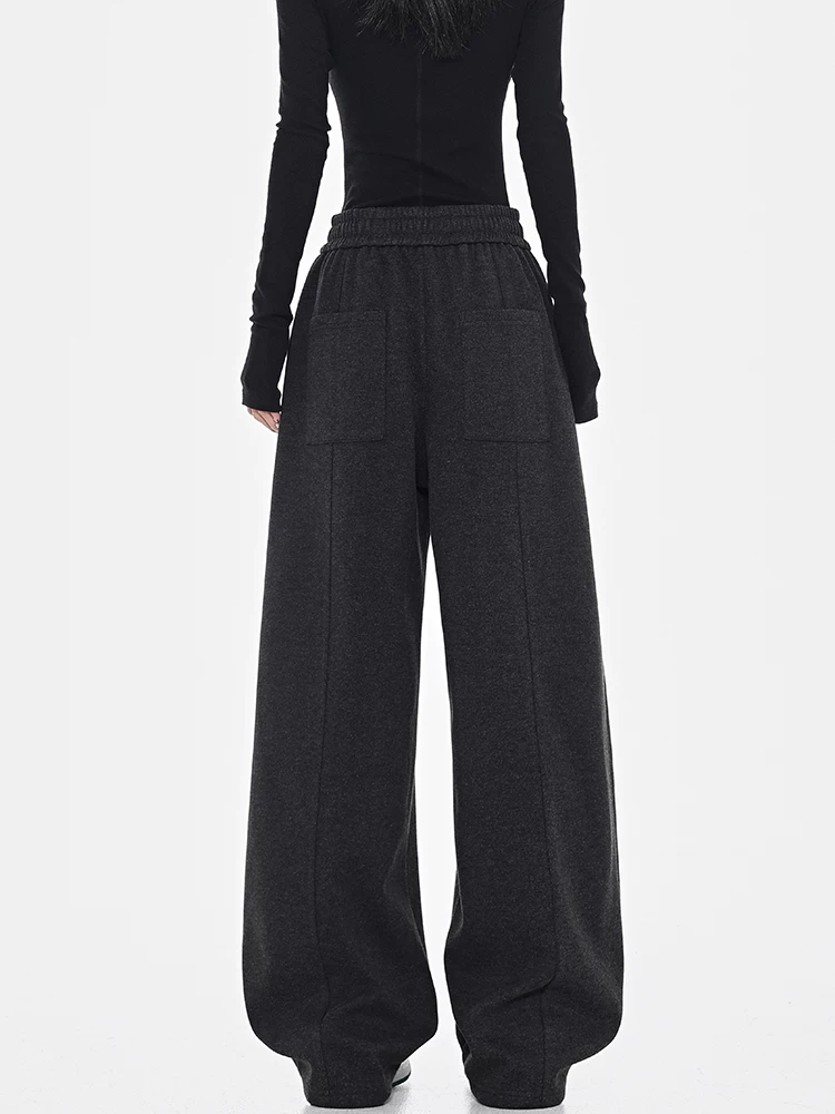 KEN STUDIO quần dài ống đứng có dây rút dày màu đen mùa thu đông dành cho nữ, quần thể thao dáng rộng, quần thể thao