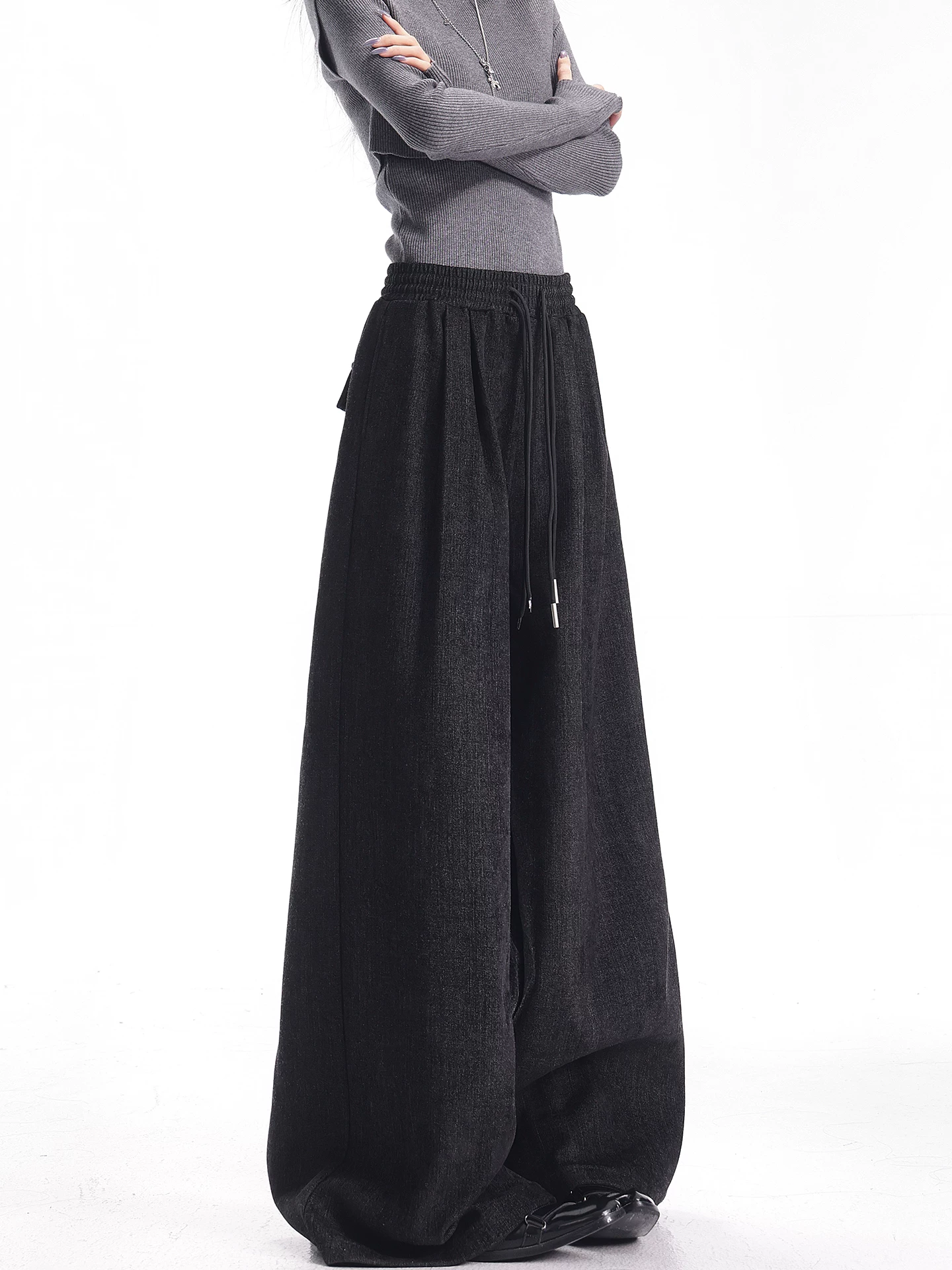 KEN STUDIO Quần thường ngày dày dặn lót lông cừu mùa thu đông mới dành cho nữ với thiết kế dây rút và quần ống rộng dài đến sàn
